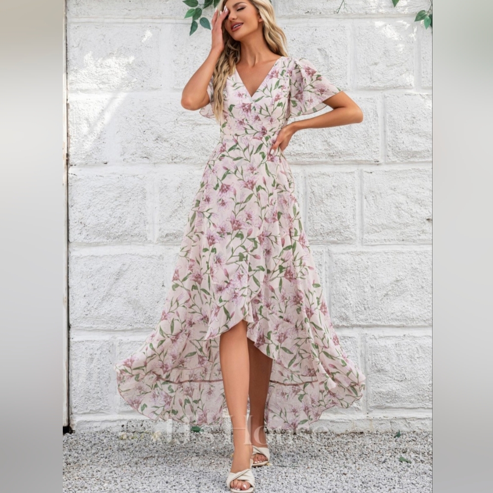 JJs House Floral High Low Dress - Pink and White